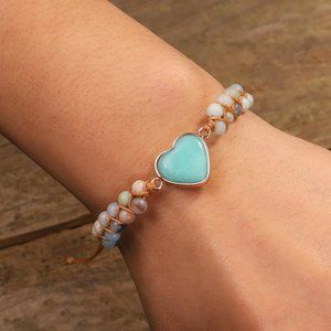 Natural Amazonite Heart Charm Gemstone Women Bracelet 2 layers Braided Bracelet